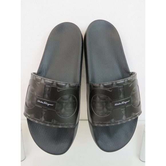 NIB FERRAGAMO GROOVE 5 TRANSPARENT BLACK RUBBER GANCINI LOGO SANDALS SLIDES 8 M main image 4